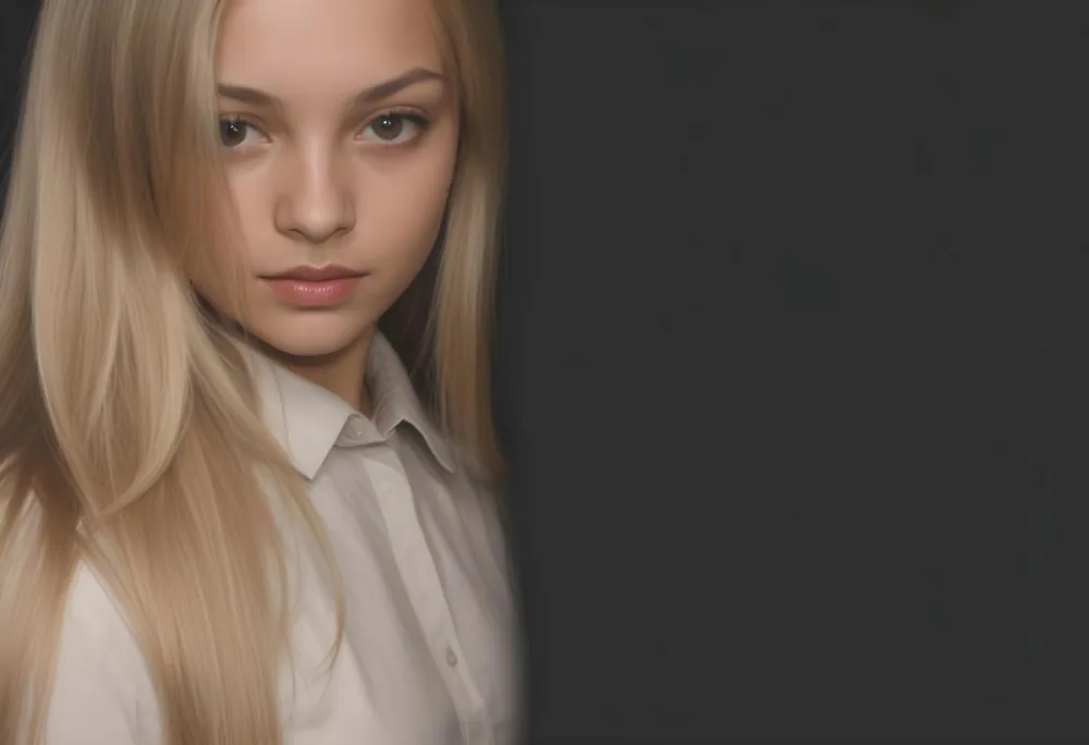 A Young Woman With Long Straight Blonde Hair Partially Obscured By Her Hair She Has Light Skin And Is Looking Towards The Camera The Background Is A Solid Dark Color 72 8412