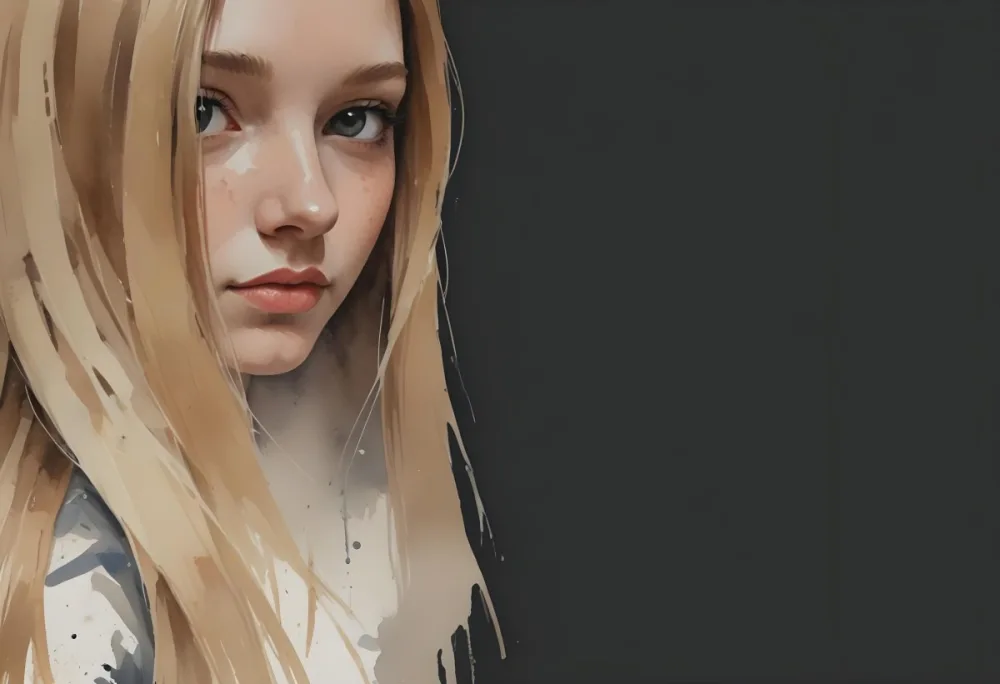 A Young Woman With Long Straight Blonde Hair Partially Obscured By Her Hair She Has Light Skin And Is Looking Towards The Camera The Background Is A Solid Dark Color 8 65b1