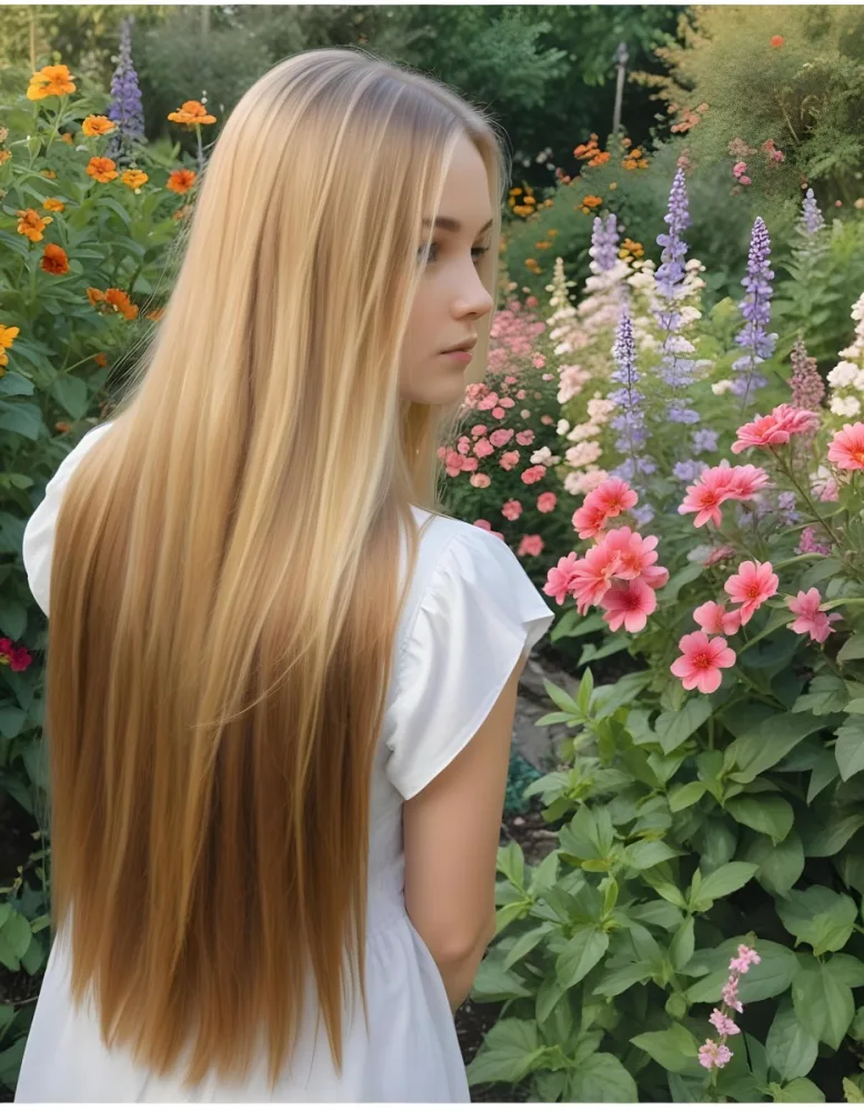 A Young Woman With Long Straight Blonde Hair Standing In A Garden Surrounded By Colorful Flowers During Daytime 1 4d89