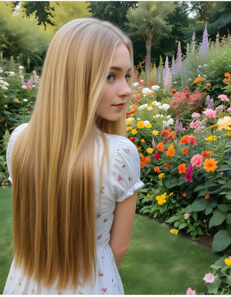 A Young Woman With Long Straight Blonde Hair Standing In A Garden Surrounded By Colorful Flowers During Daytime 12 63aa