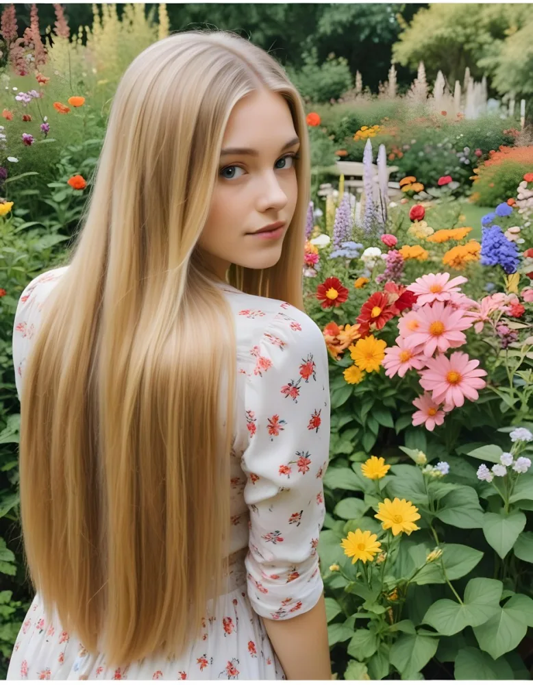 A Young Woman With Long Straight Blonde Hair Standing In A Garden Surrounded By Colorful Flowers During Daytime 2 749b
