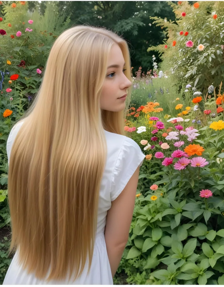 A Young Woman With Long Straight Blonde Hair Standing In A Garden Surrounded By Colorful Flowers During Daytime 8 33fa