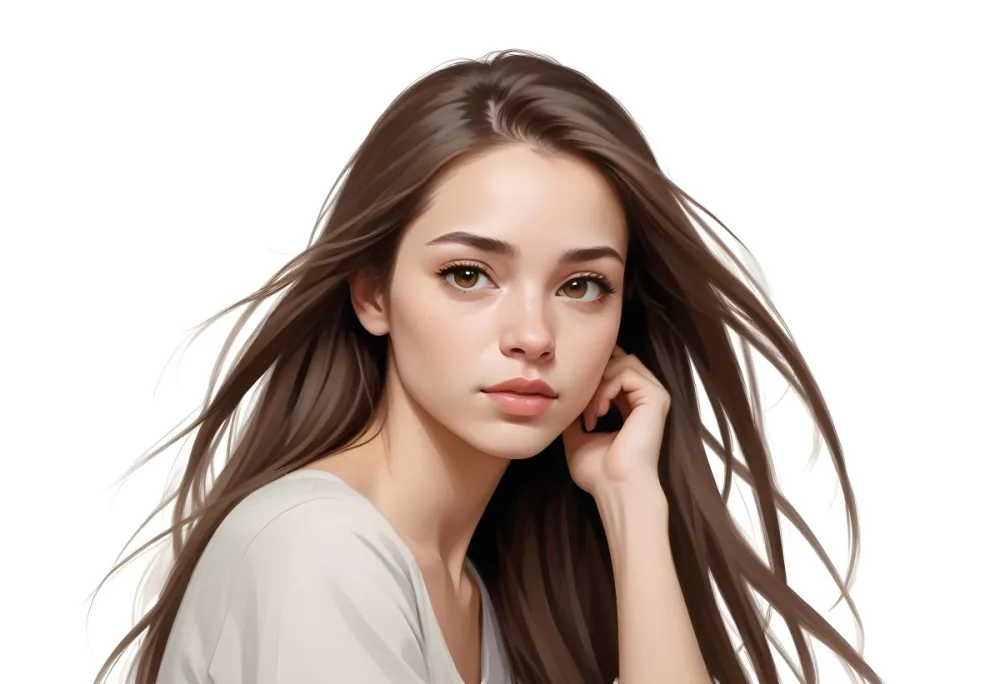 A Young Woman With Long Straight Brown Hair And Light Skin She Has Brown Eyes And A Neutral Expression The Background Is Plain White Emphasizing Her Features 25 A327