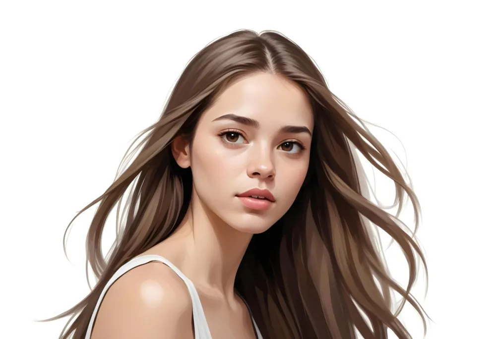 A Young Woman With Long Straight Brown Hair And Light Skin She Has Brown Eyes And A Neutral Expression The Background Is Plain White Emphasizing Her Features 34 De35