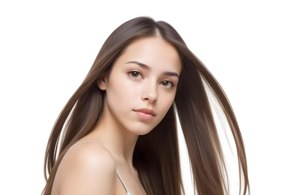A Young Woman With Long Straight Brown Hair And Light Skin She Has Brown Eyes And A Neutral Expression The Background Is Plain White Emphasizing Her Features 43 1f42