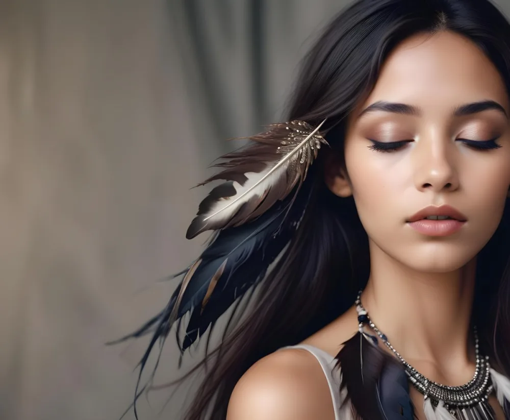 A Young Woman With Long Straight Dark Brown Hair And Dark Skin Wearing A Subtle Makeup Look With Highlighted Eyes And Dark Lipstick She Has A Decorative Feather Accessory On Her Shoulder And Her Eyes Are Closed Conv 10 5839