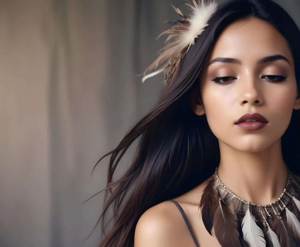 A Young Woman With Long Straight Dark Brown Hair And Dark Skin Wearing A Subtle Makeup Look With Highlighted Eyes And Dark Lipstick She Has A Decorative Feather Accessory On Her Shoulder And Her Eyes Are Closed Conv 13 220f