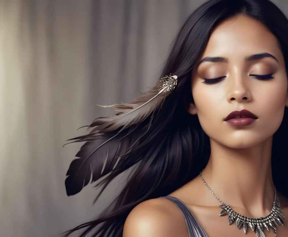 A Young Woman With Long Straight Dark Brown Hair And Dark Skin Wearing A Subtle Makeup Look With Highlighted Eyes And Dark Lipstick She Has A Decorative Feather Accessory On Her Shoulder And Her Eyes Are Closed Conv 17 14be