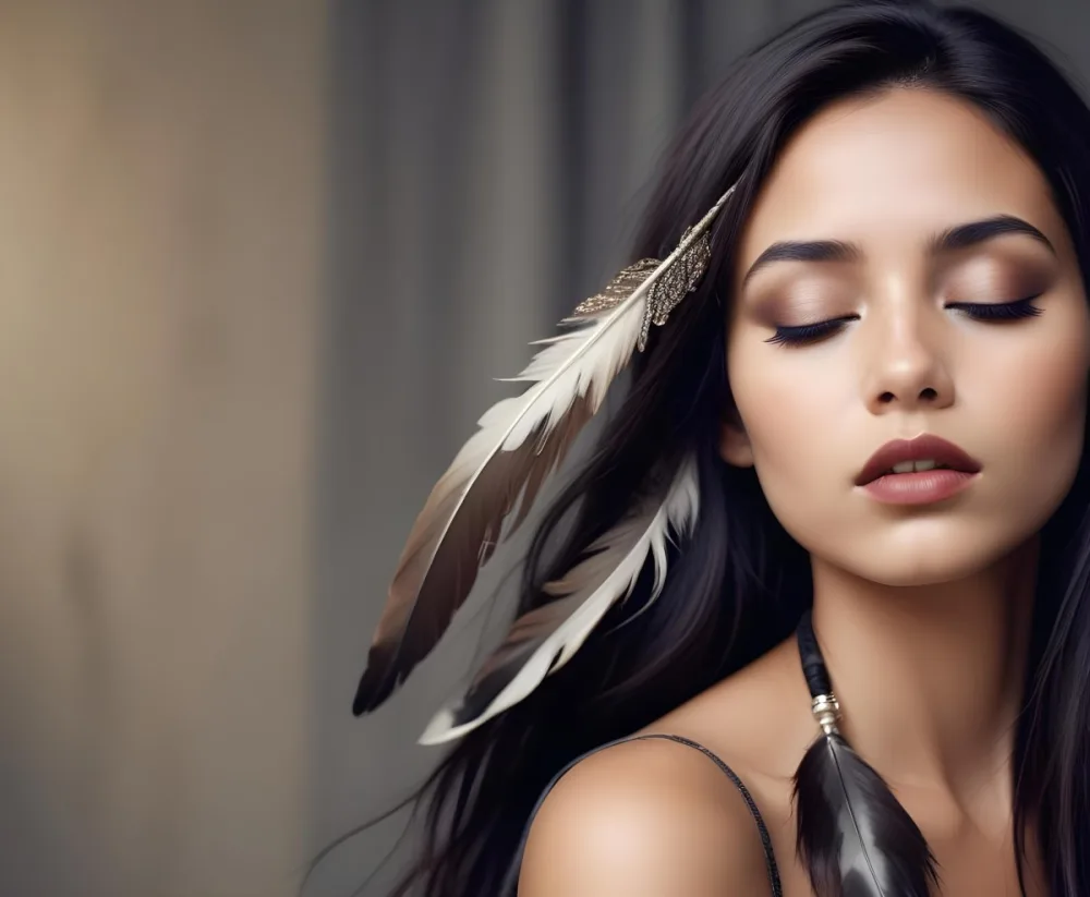 A Young Woman With Long Straight Dark Brown Hair And Dark Skin Wearing A Subtle Makeup Look With Highlighted Eyes And Dark Lipstick She Has A Decorative Feather Accessory On Her Shoulder And Her Eyes Are Closed Conv 22 044e