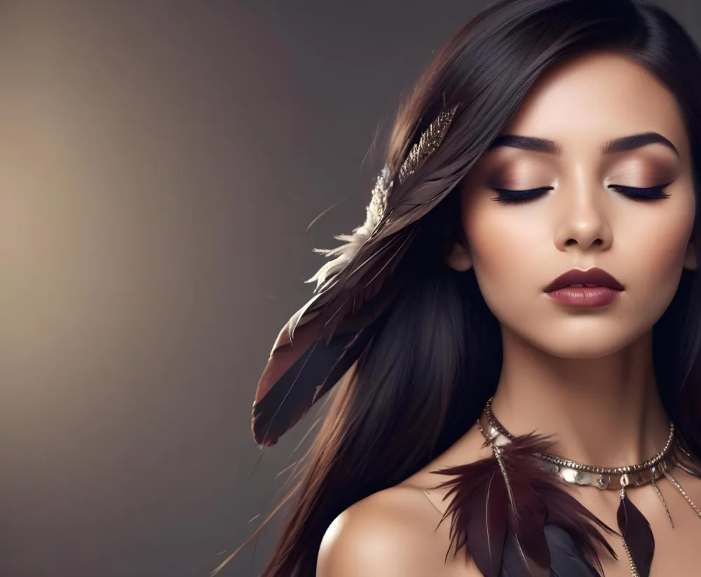 A Young Woman With Long Straight Dark Brown Hair And Dark Skin Wearing A Subtle Makeup Look With Highlighted Eyes And Dark Lipstick She Has A Decorative Feather Accessory On Her Shoulder And Her Eyes Are Closed Conv 28 03b1