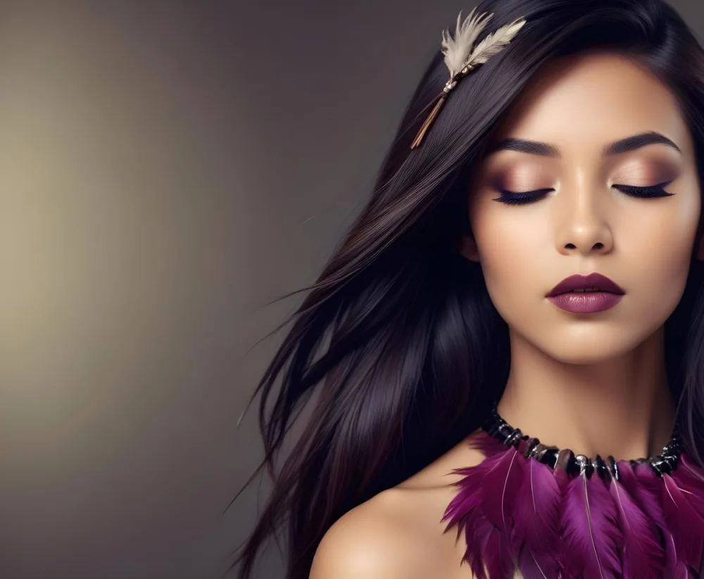 A Young Woman With Long Straight Dark Brown Hair And Dark Skin Wearing A Subtle Makeup Look With Highlighted Eyes And Dark Lipstick She Has A Decorative Feather Accessory On Her Shoulder And Her Eyes Are Closed Conv 32 3f54