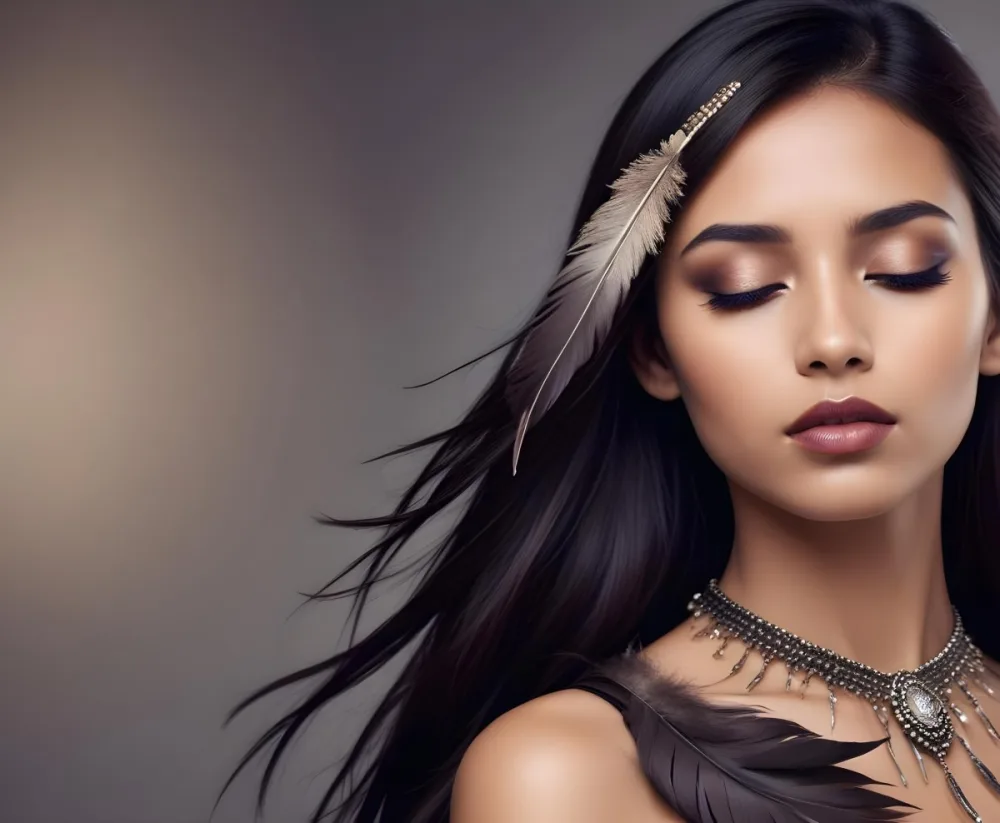 A Young Woman With Long Straight Dark Brown Hair And Dark Skin Wearing A Subtle Makeup Look With Highlighted Eyes And Dark Lipstick She Has A Decorative Feather Accessory On Her Shoulder And Her Eyes Are Closed Conv 36 D110