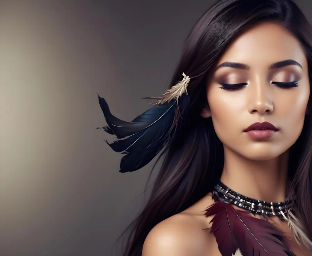 A Young Woman With Long Straight Dark Brown Hair And Dark Skin Wearing A Subtle Makeup Look With Highlighted Eyes And Dark Lipstick She Has A Decorative Feather Accessory On Her Shoulder And Her Eyes Are Closed Conv 41 5496
