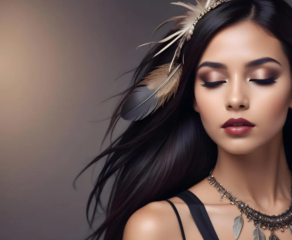 A Young Woman With Long Straight Dark Brown Hair And Dark Skin Wearing A Subtle Makeup Look With Highlighted Eyes And Dark Lipstick She Has A Decorative Feather Accessory On Her Shoulder And Her Eyes Are Closed Conv 45 2943