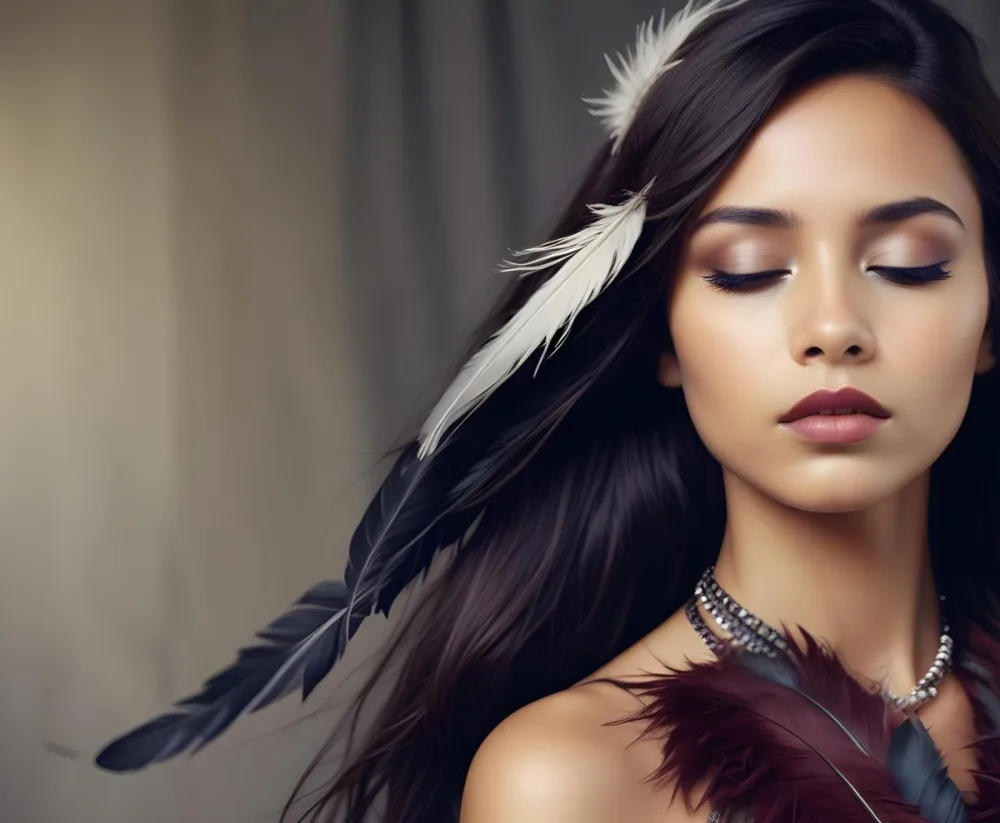 A Young Woman With Long Straight Dark Brown Hair And Dark Skin Wearing A Subtle Makeup Look With Highlighted Eyes And Dark Lipstick She Has A Decorative Feather Accessory On Her Shoulder And Her Eyes Are Closed Conv 5 841e