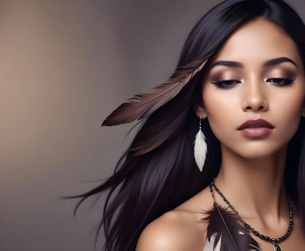 A Young Woman With Long Straight Dark Brown Hair And Dark Skin Wearing A Subtle Makeup Look With Highlighted Eyes And Dark Lipstick She Has A Decorative Feather Accessory On Her Shoulder And Her Eyes Are Closed Conv 50 6d13