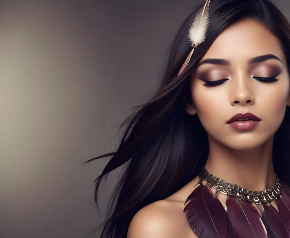 A Young Woman With Long Straight Dark Brown Hair And Dark Skin Wearing A Subtle Makeup Look With Highlighted Eyes And Dark Lipstick She Has A Decorative Feather Accessory On Her Shoulder And Her Eyes Are Closed Conv 52 Db41