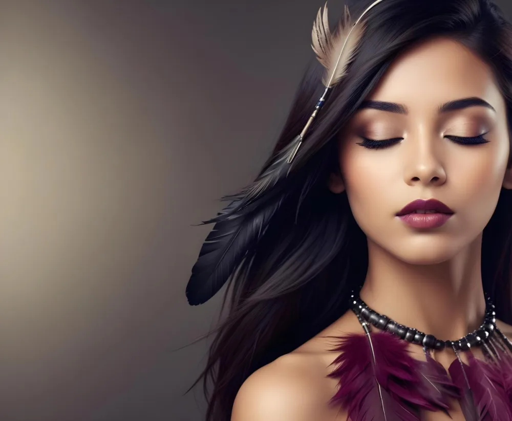 A Young Woman With Long Straight Dark Brown Hair And Dark Skin Wearing A Subtle Makeup Look With Highlighted Eyes And Dark Lipstick She Has A Decorative Feather Accessory On Her Shoulder And Her Eyes Are Closed Conv 53 9eae
