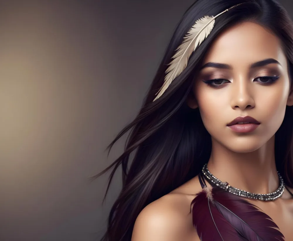 A Young Woman With Long Straight Dark Brown Hair And Dark Skin Wearing A Subtle Makeup Look With Highlighted Eyes And Dark Lipstick She Has A Decorative Feather Accessory On Her Shoulder And Her Eyes Are Closed Conv 55 745f
