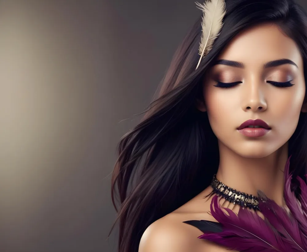 A Young Woman With Long Straight Dark Brown Hair And Dark Skin Wearing A Subtle Makeup Look With Highlighted Eyes And Dark Lipstick She Has A Decorative Feather Accessory On Her Shoulder And Her Eyes Are Closed Conv 56 0c98