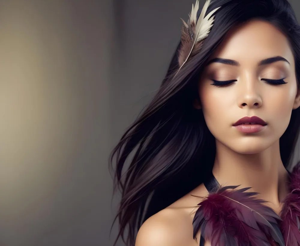 A Young Woman With Long Straight Dark Brown Hair And Dark Skin Wearing A Subtle Makeup Look With Highlighted Eyes And Dark Lipstick She Has A Decorative Feather Accessory On Her Shoulder And Her Eyes Are Closed Conv 6 D7d3
