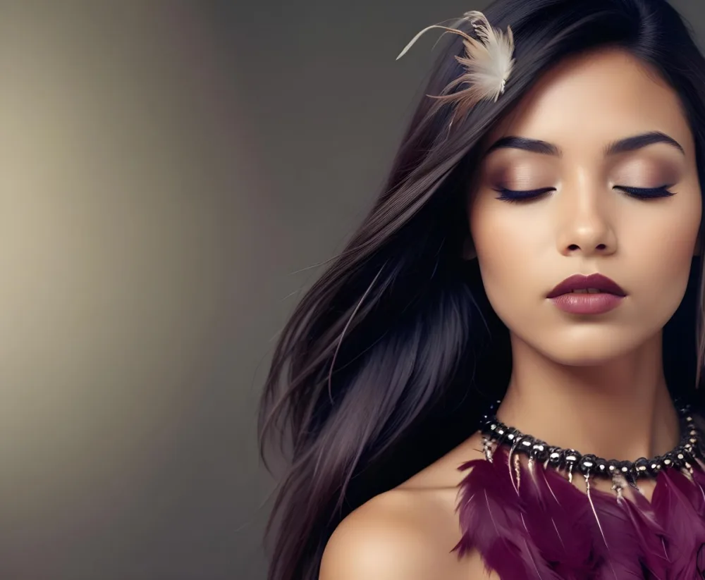 A Young Woman With Long Straight Dark Brown Hair And Dark Skin Wearing A Subtle Makeup Look With Highlighted Eyes And Dark Lipstick She Has A Decorative Feather Accessory On Her Shoulder And Her Eyes Are Closed Conv 7 D7a3