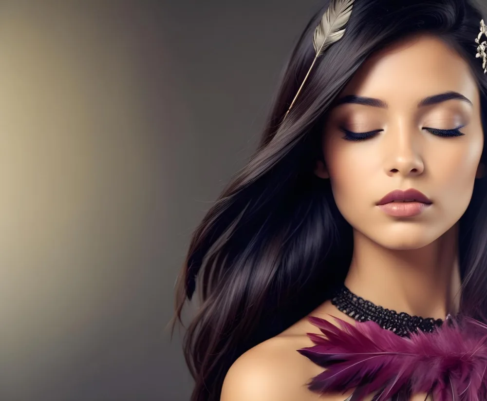 A Young Woman With Long Straight Dark Brown Hair And Dark Skin Wearing A Subtle Makeup Look With Highlighted Eyes And Dark Lipstick She Has A Decorative Feather Accessory On Her Shoulder And Her Eyes Are Closed Conv 8 D0e4