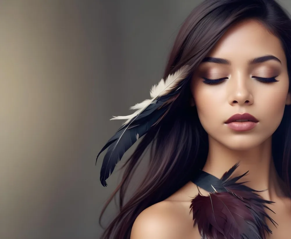 A Young Woman With Long Straight Dark Brown Hair And Dark Skin Wearing A Subtle Makeup Look With Highlighted Eyes And Dark Lipstick She Has A Decorative Feather Accessory On Her Shoulder And Her Eyes Are Closed Conv 9 B118