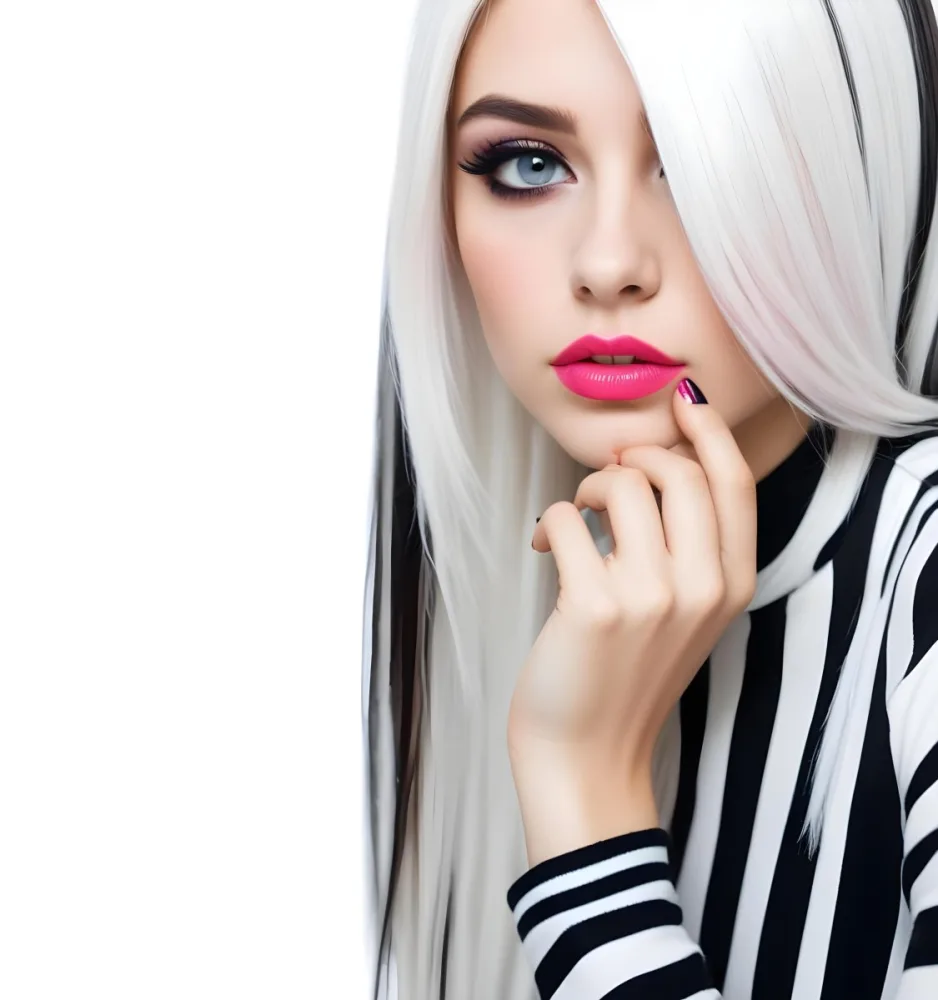 A Young Woman With Long Straight Hair Featuring Black And White Streaks She Has Fair Skin Dramatic Eye Makeup With Thick Eyeliner And Full Lips Painted In A Bright Pink Shade Her Hand Is Gently Touching Her Face 6 543c
