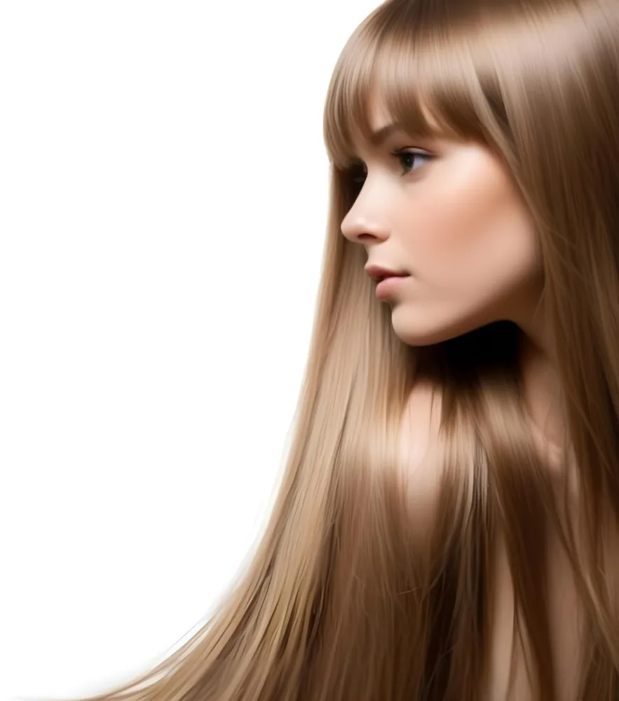 A Young Woman With Long Straight Light Brown Hair And A Side Profile She Has Fair Skin And Is Wearing Subtle Makeup The Background Is Plain White Emphasizing Her Hair And Profile 9 5f54