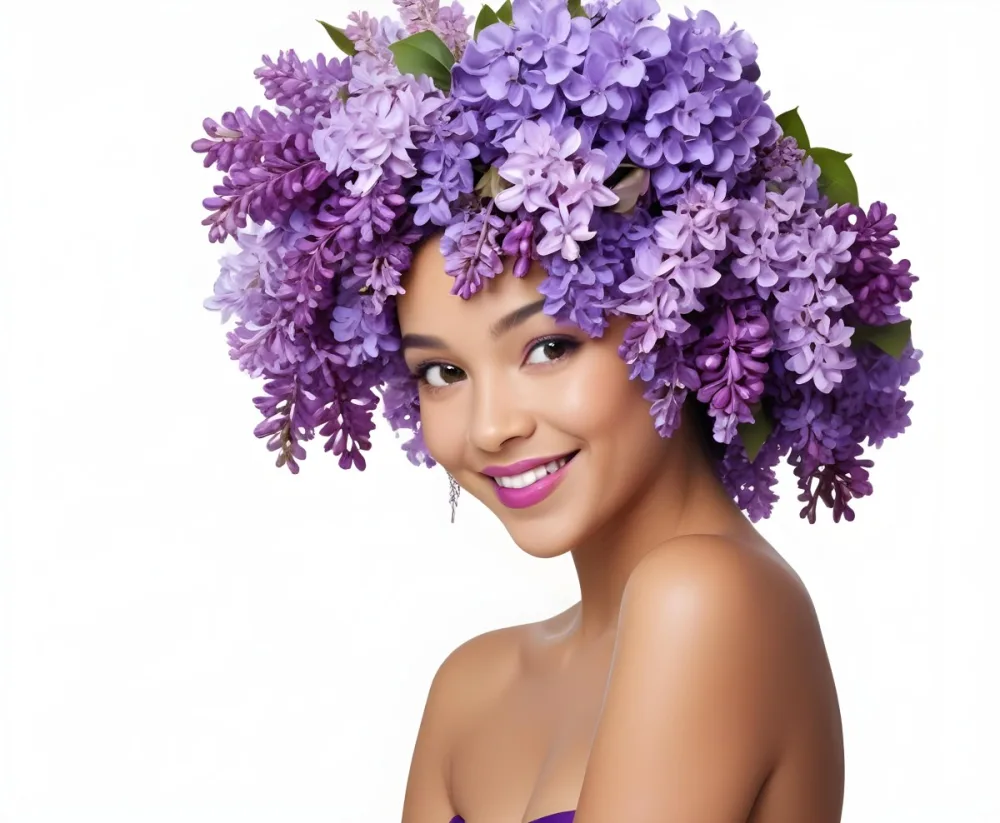 A Young Woman With Medium Skin Tone And Dark Hair Adorned With A Large Vibrant Purple Floral Headdress Made Of Lilacs She Has A Bright Smile And Is Wearing Bold Purple Lipstick The Background Is Plain White Empha 17 A06a