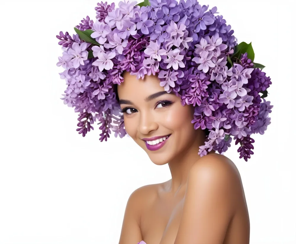 A Young Woman With Medium Skin Tone And Dark Hair Adorned With A Large Vibrant Purple Floral Headdress Made Of Lilacs She Has A Bright Smile And Is Wearing Bold Purple Lipstick The Background Is Plain White Empha 19 5e33