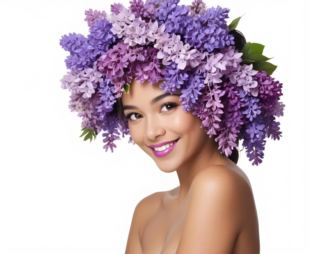 A Young Woman With Medium Skin Tone And Dark Hair Adorned With A Large Vibrant Purple Floral Headdress Made Of Lilacs She Has A Bright Smile And Is Wearing Bold Purple Lipstick The Background Is Plain White Empha 22 Afd7