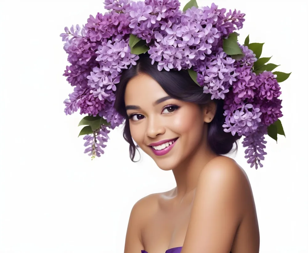 A Young Woman With Medium Skin Tone And Dark Hair Adorned With A Large Vibrant Purple Floral Headdress Made Of Lilacs She Has A Bright Smile And Is Wearing Bold Purple Lipstick The Background Is Plain White Empha 23 De9a