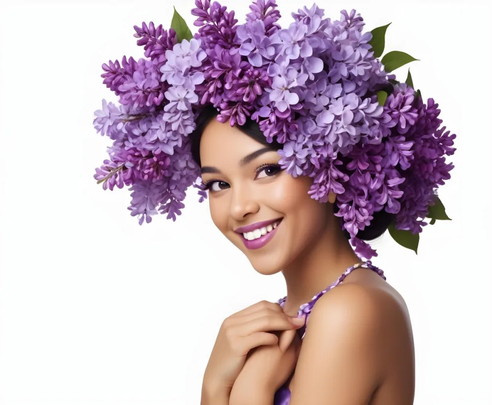A Young Woman With Medium Skin Tone And Dark Hair Adorned With A Large Vibrant Purple Floral Headdress Made Of Lilacs She Has A Bright Smile And Is Wearing Bold Purple Lipstick The Background Is Plain White Empha 26 067f
