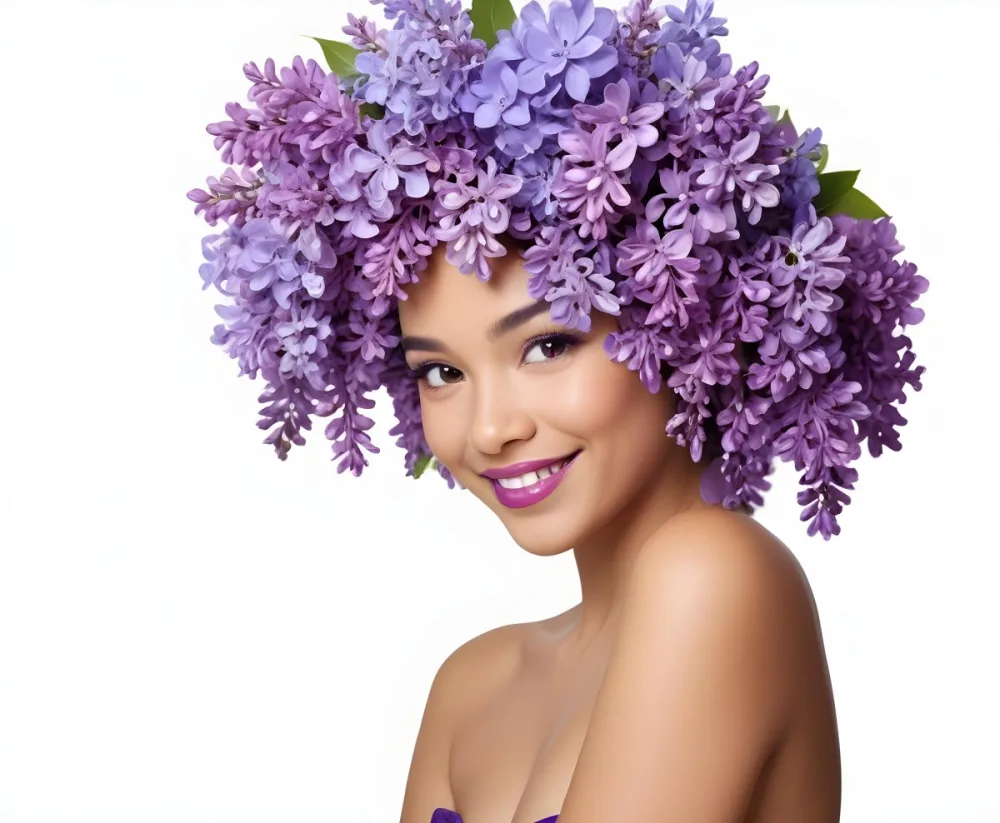 A Young Woman With Medium Skin Tone And Dark Hair Adorned With A Large Vibrant Purple Floral Headdress Made Of Lilacs She Has A Bright Smile And Is Wearing Bold Purple Lipstick The Background Is Plain White Empha 32 6afe