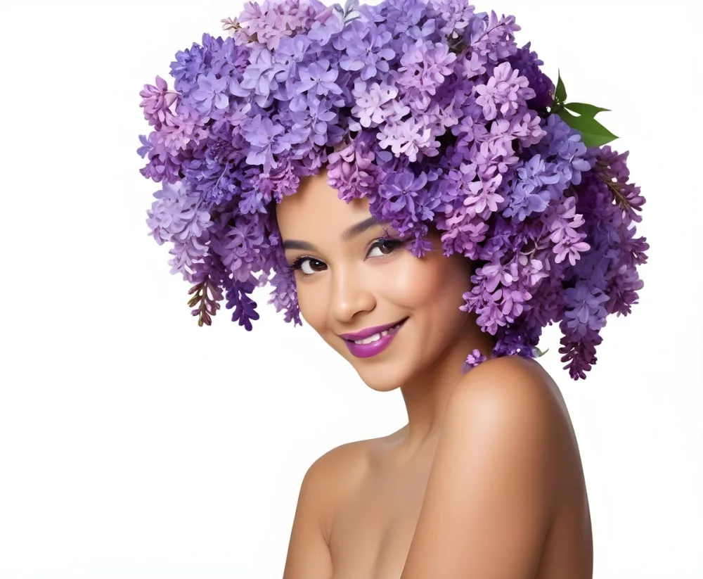A Young Woman With Medium Skin Tone And Dark Hair Adorned With A Large Vibrant Purple Floral Headdress Made Of Lilacs She Has A Bright Smile And Is Wearing Bold Purple Lipstick The Background Is Plain White Empha 36 Db90