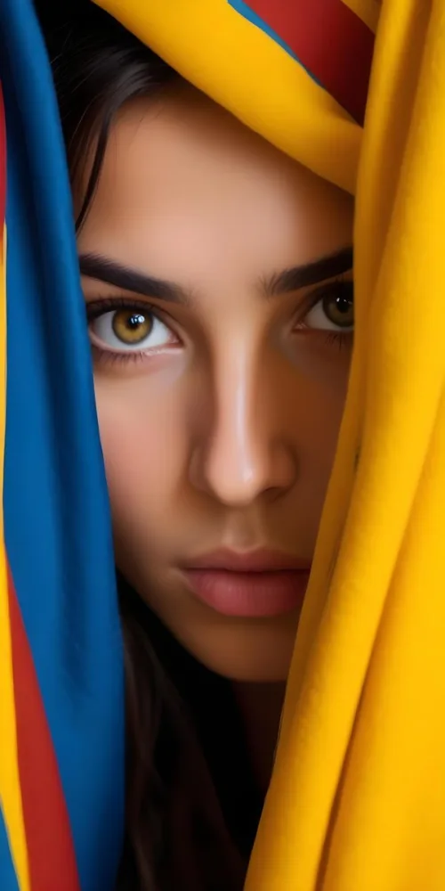 A Young Woman With Olive Skin Dark Brown Eyes And Long Dark Hair Partially Covered By A Blue And Yellow Scarf Looking Directly At The Camera With A Serious Expression 11 818e