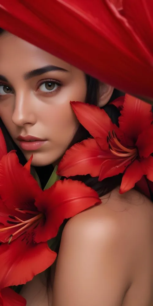 A Young Woman With Olive Skin Dark Eyes And Long Dark Hair Partially Obscured By Large Red Lilies The Woman S Face Is Partially Hidden Behind The Flowers Which Fill The Frame And Create A Dramatic Sensual 13 Fb15