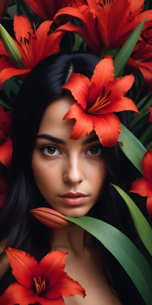 A Young Woman With Olive Skin Dark Eyes And Long Dark Hair Partially Obscured By Large Red Lilies The Woman S Face Is Partially Hidden Behind The Flowers Which Fill The Frame And Create A Dramatic Sensual 7 F47d