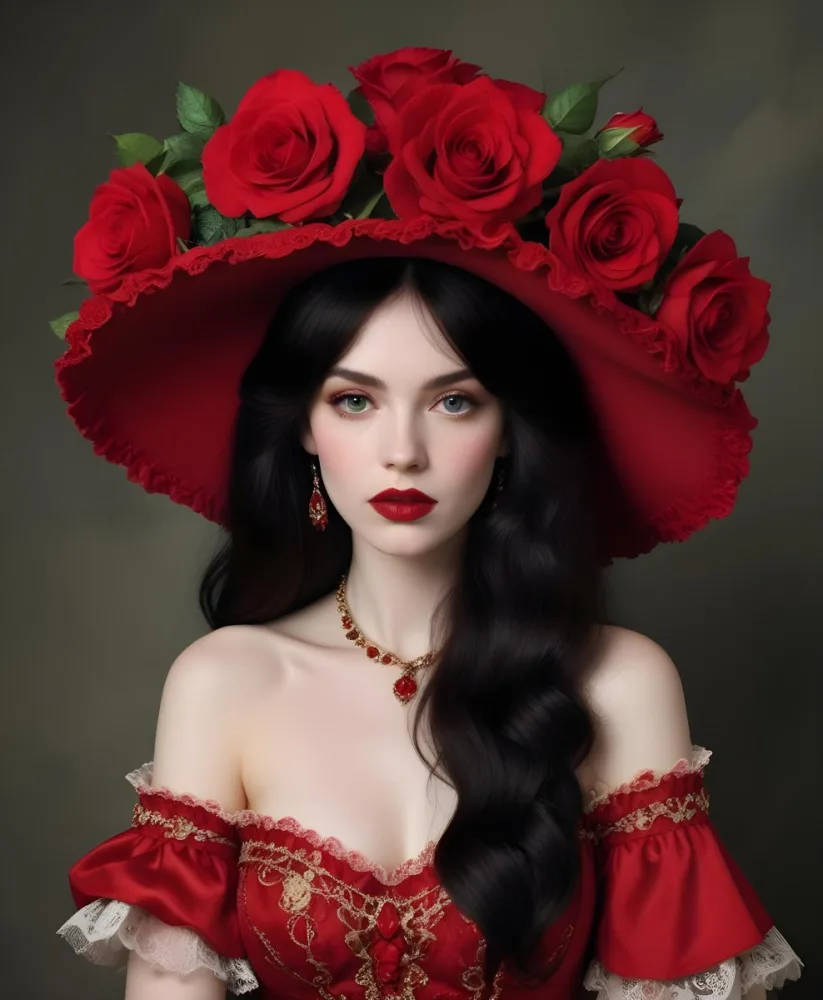 A Young Woman With Pale Skin Dark Hair And Bright Red Lips Wearing A Large Ornate Red Hat Decorated With Roses 14 B565