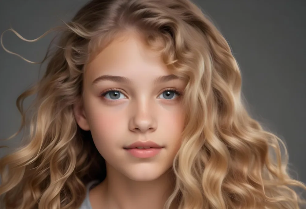 Adorable Cartoon Style A Caucasian Girl 14 Years Old Light Skin Blonde Wavy Hair In A Grey Background 3d Render Cartoon 1 00c6