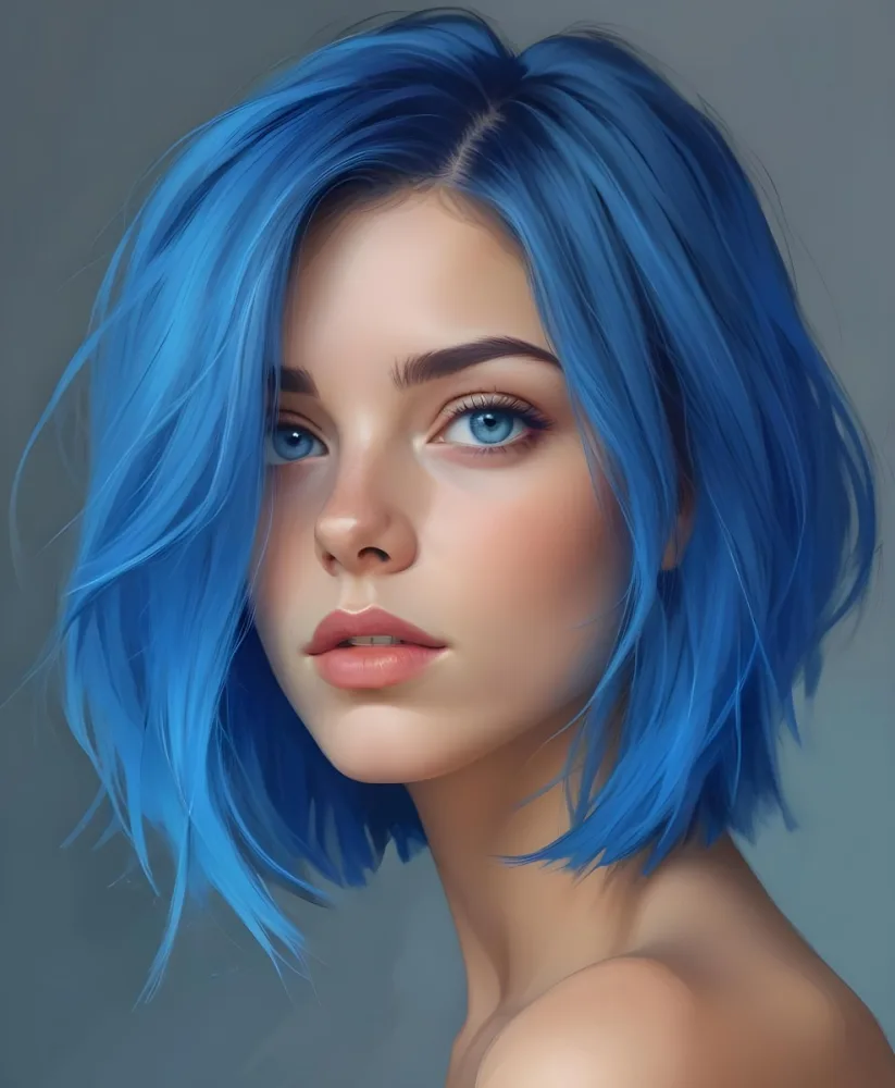 Adorable Cartoon Style A Caucasian Woman 21 Years Old With Blue Eyes And Blue Short Hair In A Grey Background 3d Render Cartoon 10 3e7f