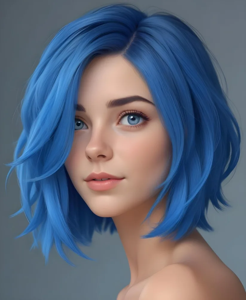 Adorable Cartoon Style A Caucasian Woman 21 Years Old With Blue Eyes And Blue Short Hair In A Grey Background 3d Render Cartoon 13 6ba0