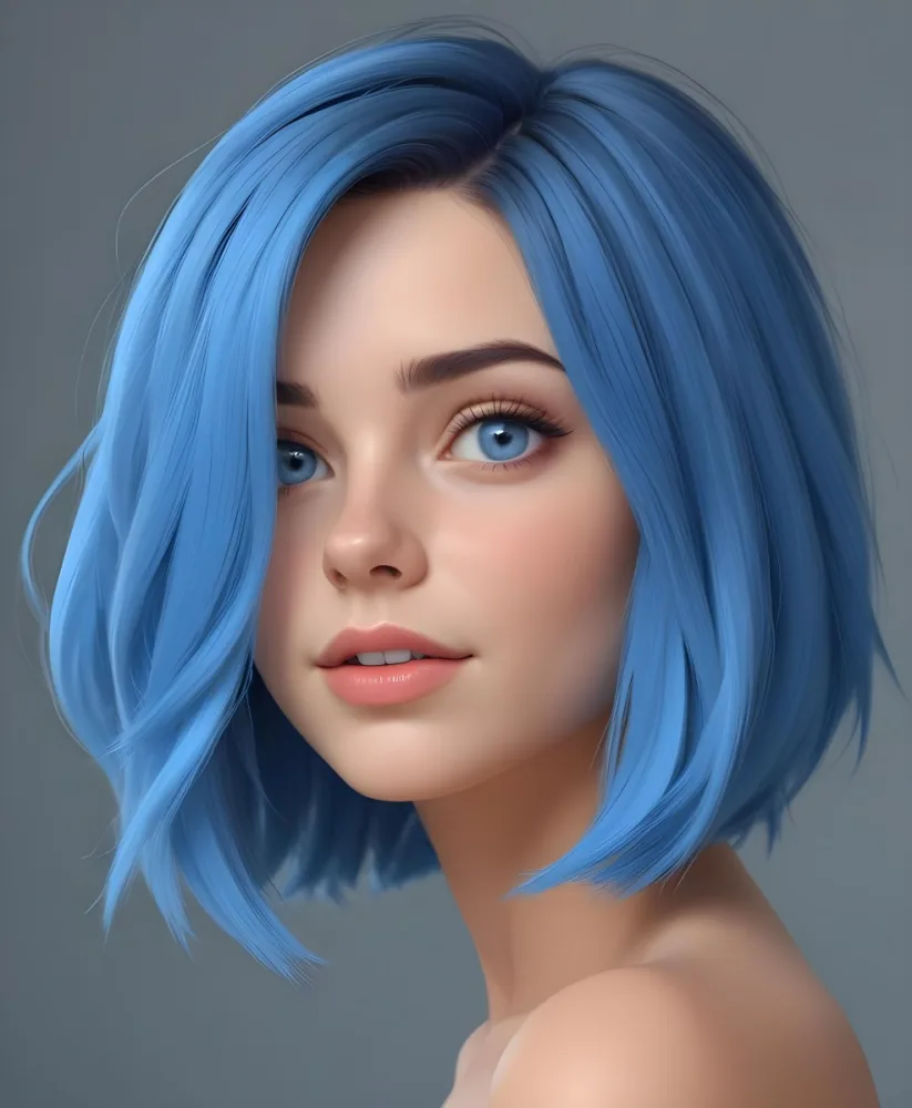 Adorable Cartoon Style A Caucasian Woman 21 Years Old With Blue Eyes And Blue Short Hair In A Grey Background 3d Render Cartoon 19 C176