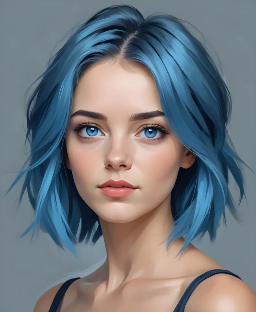 Adorable Cartoon Style A Caucasian Woman 21 Years Old With Blue Eyes And Blue Short Hair In A Grey Background 3d Render Cartoon 24 0457