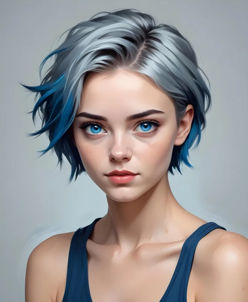 Adorable Cartoon Style A Caucasian Woman 21 Years Old With Blue Eyes And Blue Short Hair In A Grey Background 3d Render Cartoon 28 68ab