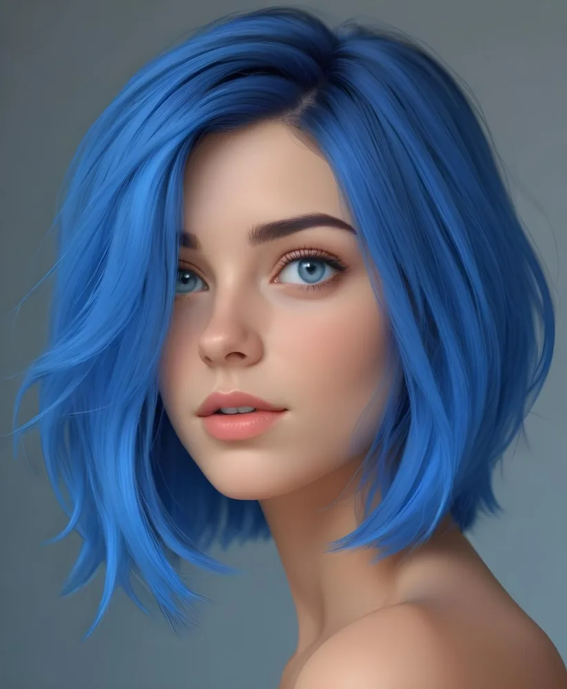 Adorable Cartoon Style A Caucasian Woman 21 Years Old With Blue Eyes And Blue Short Hair In A Grey Background 3d Render Cartoon 3 Dc87