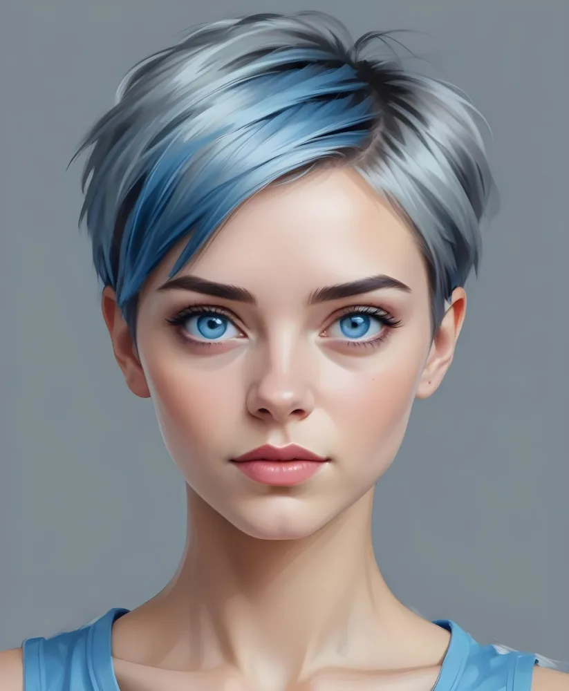Adorable Cartoon Style A Caucasian Woman 21 Years Old With Blue Eyes And Blue Short Hair In A Grey Background 3d Render Cartoon 30 37ef
