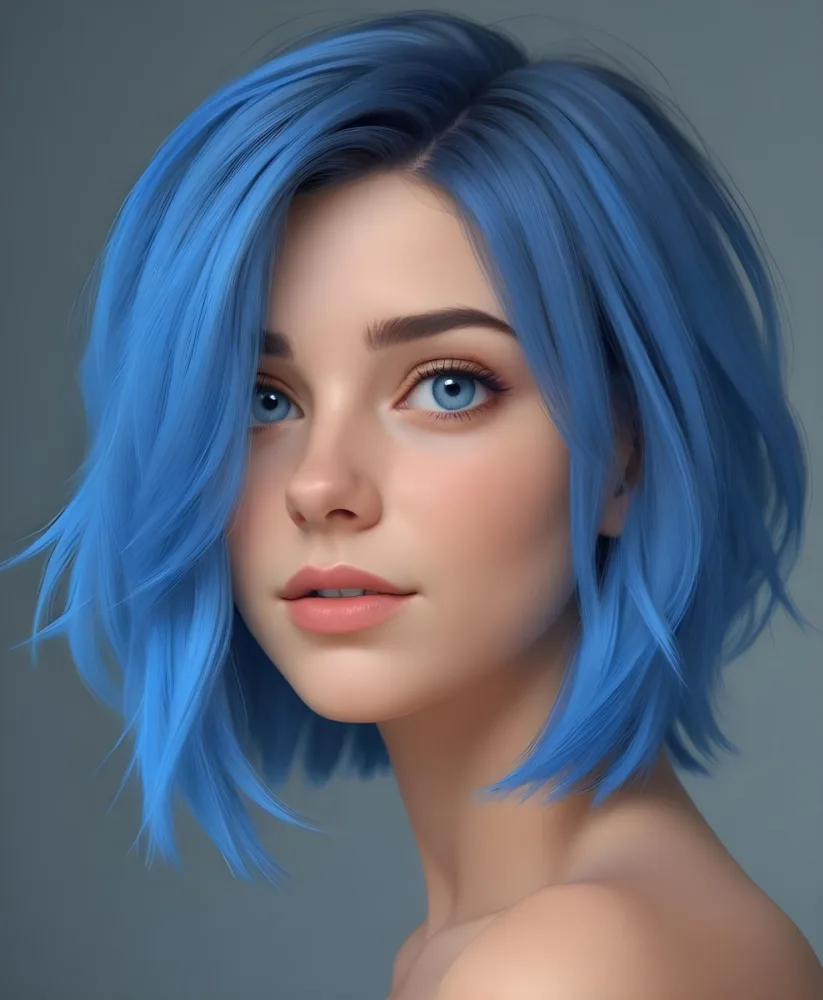 Adorable Cartoon Style A Caucasian Woman 21 Years Old With Blue Eyes And Blue Short Hair In A Grey Background 3d Render Cartoon 32 Afbf